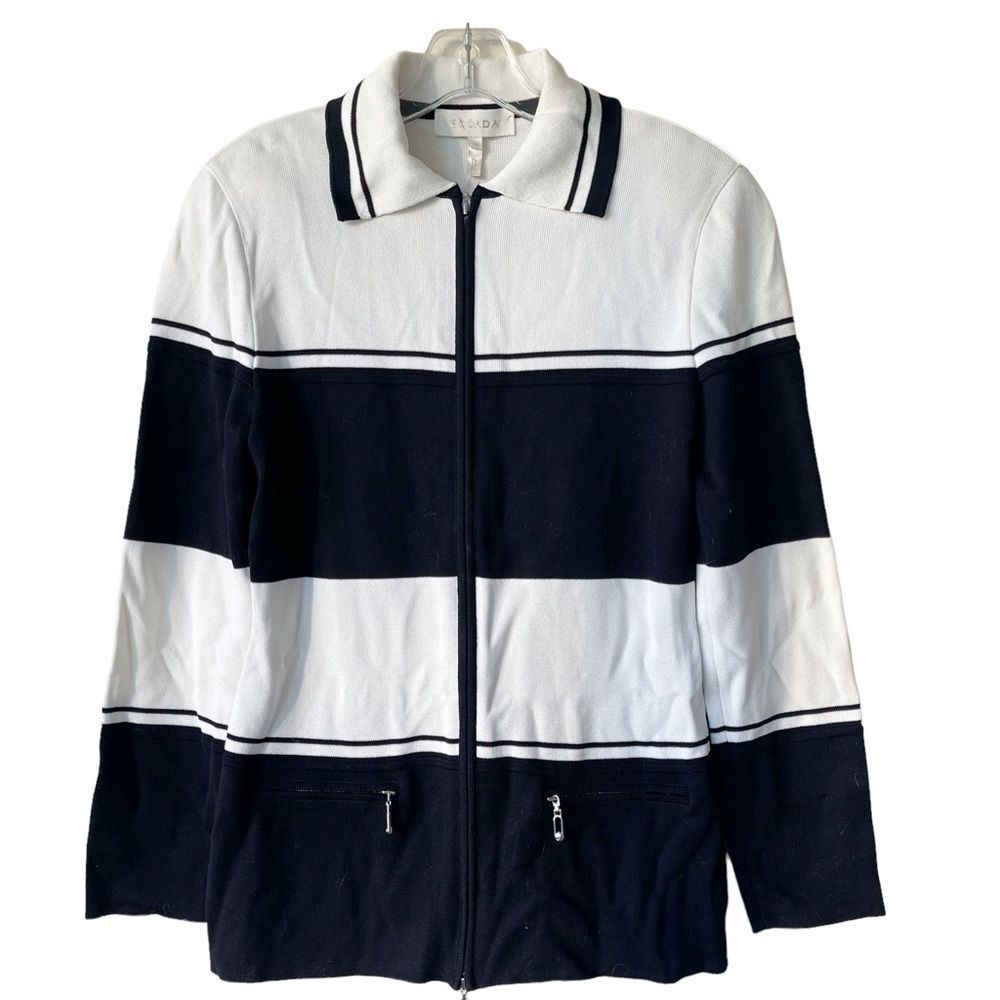 ESCADA Black White Striped Zip Up Knit Cardigan Sweater Size 34 Made in Slovakia